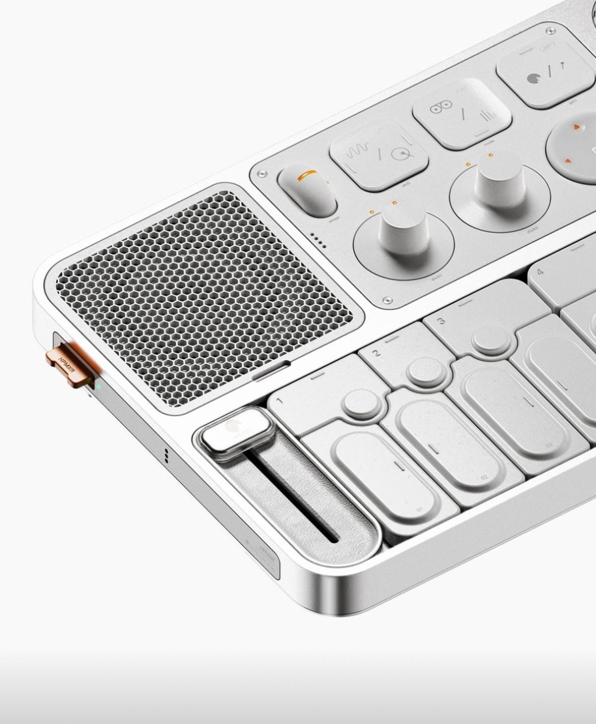 Close-up of a minimalist audio controller interface